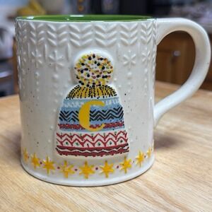 Anthropologie Mug Cup Monogram Winter Holiday Hat Tea Coffee Letter C Bundled Up